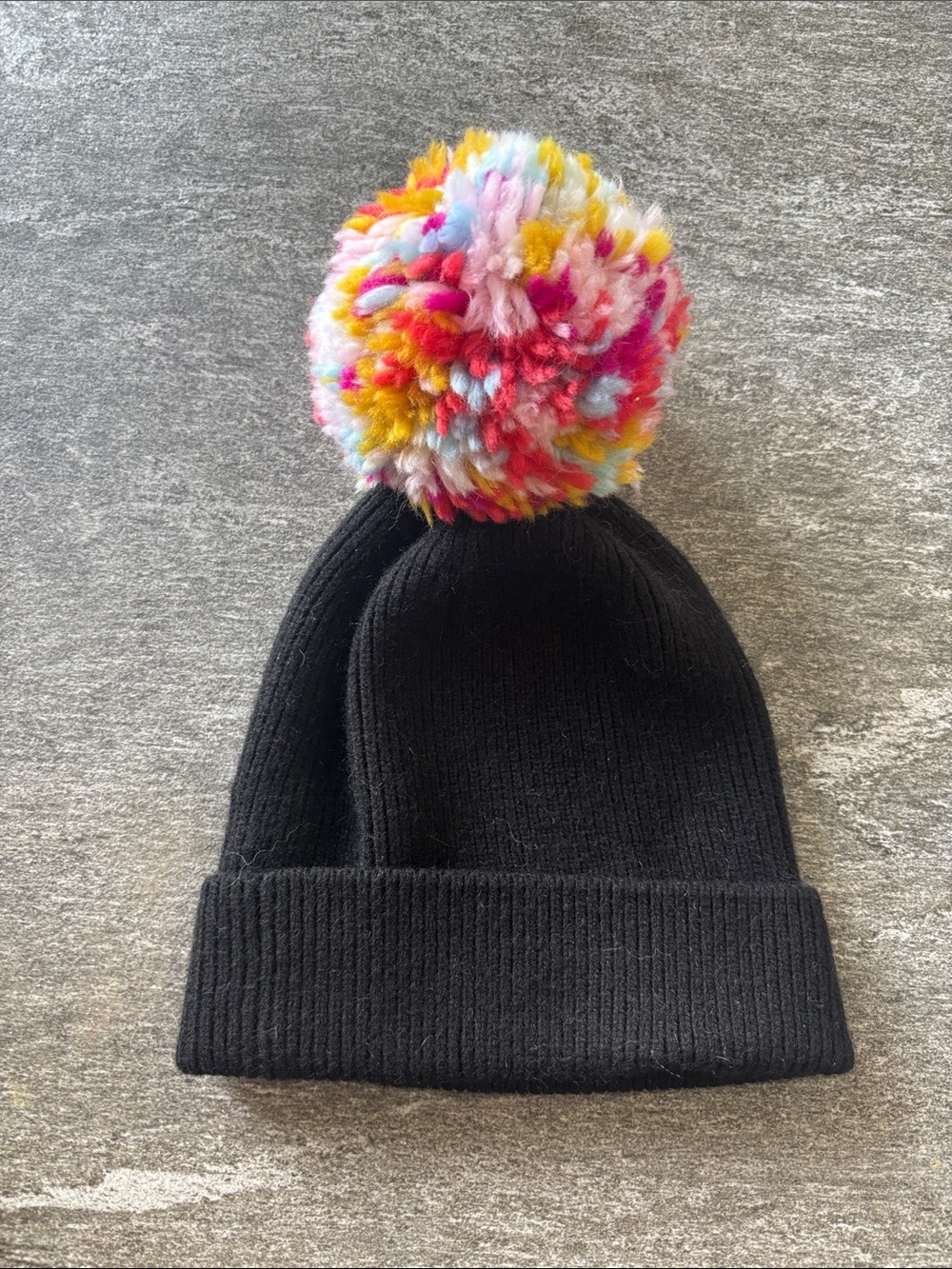 Anthropologie Black Knit Beanie with Multicolor Pom Pom